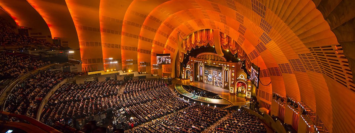 Aerial view of Radio City Music Hall during the 2015 Tony Awards in NYC